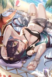  bikini black_bikini blue_hair bracelet breasts colored_inner_hair dark_blue_hair demon_wings female flower_bracelet gradient-tinted_eyewear highres horn_ornament horn_ring horns jewelry long_bangs medium_breasts multicolor-tinted_eyewear multicolored_hair navel official_alternate_costume okg princess_connect! ranpha_(princess_connect!) ranpha_(summer)_(princess_connect!) red_horns red_wings sarong single_horn single_wing solo swimsuit tinted_eyewear wings 