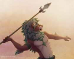  5:4 action_pose anthro brown_body brown_fur clothed clothing felid fur green_eyes green_hair hair lion male mammal melee_weapon navel pantherine polearm pose roarschach51 shinigamigirl solo spear topless weapon whiskers 