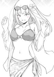  absurdres azuminonomizua bikini black_bikini blush breasts cleavage collarbone female greyscale highres katou_asuka large_breasts long_hair looking_at_viewer monochrome navel print_sarong sarong see-through solo swimsuit watashi_ga_motenai_no_wa_dou_kangaetemo_omaera_ga_warui! 