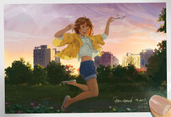  aircraft airplane brown_hair building bush dated denim denim_shorts english_commentary female fu_che262 hair_ornament hairclip highres jumping lamppost midriff original photo_(object) sandals shirt short_shorts shorts skyline white_footwear white_shirt yellow_shirt 