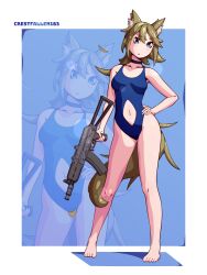  ak-74u_(girls&#039;_frontline) aks-74u animal_ears assault_rifle barefoot black_choker blonde_hair blue_eyes blue_one-piece_swimsuit breasts choker clothing_cutout crestfallen163 female full_body girls&#039;_frontline gun hand_on_own_hip highres holding holding_gun holding_weapon kalashnikov_rifle long_hair navel_cutout one-piece_swimsuit rifle small_breasts solo swimsuit tail weapon wolf_ears wolf_girl wolf_tail 