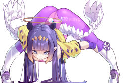  alternate_costume ass blue_eyes closed_mouth commentary english_commentary female halo hololive hololive_english hot_vr long_hair ninomae_ina&#039;nis pants pixiv_username purple_hair purple_pants shoes simple_background smile solo subscribestar_username virtual_youtuber white_background white_footwear white_wings wings yellow_halo yoga_pants 