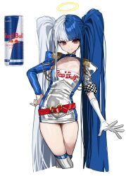  absurdres blue_choker blue_hair blunt_bangs breasts can checkered_sleeves choker collarbone cropped_legs crossed_legs dress drink_can elbow_gloves energy_drink female fringe_trim gloves halo hand_on_own_hip highres long_hair looking_at_viewer multicolored_hair race_queen red_bull red_eyes simple_background single_elbow_glove single_glove skindentation small_breasts smile tachibana_wataru_(123tsuki) thighs twintails two-tone_hair very_long_hair white_background white_gloves white_hair 