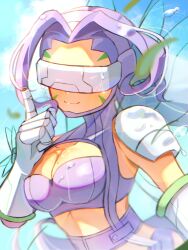  absurdres breasts cleavage digimon digimon_(creature) facial_mark fairimon female head-mounted_display highres large_breasts looking_at_viewer purple_hair sasaki_(ssk8083) smile solo upper_body 