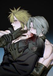  2boys aaamber_22 absurdres aged_down armor asymmetrical_sleeves bite_mark bite_mark_on_neck biting black_gloves black_vest blonde_hair blood blood_on_clothes blood_splatter clenched_teeth cloud_strife detached_sleeves earrings final_fantasy final_fantasy_vii final_fantasy_vii_advent_children final_fantasy_vii_ever_crisis furrowed_brow gloves gradient_background green_eyes grey_hair hand_on_another&#039;s_chest hand_on_another&#039;s_neck high_collar highres injury jewelry looking_at_another looking_back male_focus multiple_boys oerba_yun_fang pauldrons sephiroth sephiroth_(edged_wings) short_hair shoulder_armor shoulder_strap single_pauldron sleeveless sleeveless_turtleneck slit_pupils spiked_hair stud_earrings teeth time_paradox toned toned_male turtleneck upper_body vest yaoi 