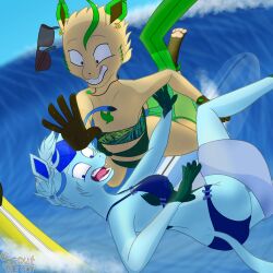  1:1 absurd_res anthro bikini blue_body blue_clothing blue_eyes blue_fur blue_hair blue_swimwear bottomwear breasts brown_eyes clenched_teeth clothing constricted_pupils duo ear_piercing ear_ring eeveelution eyeliner eyewear falling female frown fur generation_4_pokemon glaceon green_body green_clothing green_fur green_swimwear hair hi_res jewelry leafeon lisa_devellis makeup marissa_reinhart necklace nintendo one-piece_swimsuit open_frown open_mouth pattern_clothing pawpads piercing pokemon pokemon_(species) pupils ring_piercing scoutthecat02 sea skirt small_breasts small_pupils sunglasses surfboard swimwear tan_body tan_fur teeth thick_thighs towel towel_wrap two-piece_swimsuit water wave wet wet_body wet_hair wipeout_(surfing) 