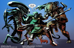  2020 2_mouths 5_fingers 5_toes alien alien_(franchise) alien_vs._predator_(franchise) ambiguous_gender anthro armor artist_name axelmedellin belt belt_buckle bent_arm bent_legs black_body black_claws black_eyes black_skin black_tail blue_background brown_tail buckle claws cloak clothed_human clothed_male clothing colored crossover dated dialogue digital_drawing_(artwork) digital_media_(artwork) doctor_doom english_text fangs feet feral fight finger_claws fingers fishnet_clothing fishnet_leggings fishnet_legwear gauntlets gauntlets_(weapon) gloves greaves green_cloak green_clothing green_shirt green_topwear green_tunic group hand_on_face handwear holding_melee_weapon holding_object holding_polearm holding_spear holding_weapon human humanoid larger_human larger_humanoid larger_male leggings legwear light lighting long_tail looking_at_another male mammal marvel melee_weapon multi_mouth nude_feral open_mouth pauldron polearm predator_(franchise) raised_leg rodent sciurid shaded shirt signature simple_background size_difference smaller_ambiguous smaller_feral spear speech_bubble standing tail teeth text toe_claws toes topwear tree_squirrel tunic url weapon white_claws xenomorph yautja yelling yellow_body yellow_skin 