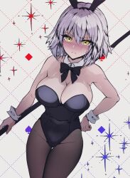  animal_ears black_leotard bow bowtie breasts brown_pantyhose detached_collar fake_animal_ears fate/grand_order fate_(series) female grey_hair highleg highleg_leotard highres jeanne_d&#039;arc_alter_(avenger)_(fate) jeanne_d&#039;arc_alter_(fate) large_breasts leotard looking_at_viewer pantyhose playboy_bunny polearm rabbit_ears satou_nui short_hair solo thighs weapon wrist_cuffs yellow_eyes 