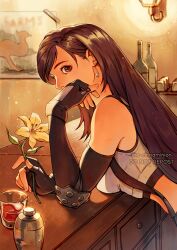  bar_(place) bare_shoulders black_gloves black_hair blurry blurry_background bottle breasts chocobo cocktail_shaker counter crop_top cup earrings elbow_gloves elbow_pads elbow_rest english_commentary eyelashes female final_fantasy final_fantasy_vii final_fantasy_vii_remake fingerless_gloves flower from_side gloves hair_behind_ear hand_on_own_cheek hand_on_own_face holding holding_flower indoors jewelry large_breasts long_hair looking_to_the_side red_eyes single_earring single_elbow_pad solo suspenders swept_bangs tank_top thar_chandran tifa_lockhart twitter_username upper_body wall_lamp white_tank_top yellow_flower 