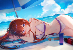  absurdres bare_arms bikini blue_eyes blue_sky blush breasts cleavage closed_mouth cloud day female hair_between_eyes highres island long_hair looking_at_viewer lying makise_kurisu navel ocean official_alternate_costume on_side outdoors partially_unzipped purple_trim red_hair shirase_rin signature sky small_breasts solo steins;gate straight_hair swimsuit very_long_hair white_bikini zipper 