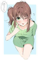  ;p blush breasts brown_hair clothes_writing female green_eyes green_shirt looking_at_viewer medium_breasts nauchi one_eye_closed original shirt side_ponytail simple_background solo speech_bubble tongue tongue_out 