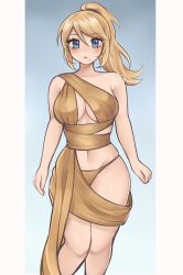  bare_arms bare_shoulders blonde_hair blue_eyes breasts collarbone dress english_commentary feet_out_of_frame female groin highres medium_breasts metroid panties ponytail purrlucii samus_aran single-shoulder_dress solo standing stomach thighs underwear yellow_dress yellow_panties 