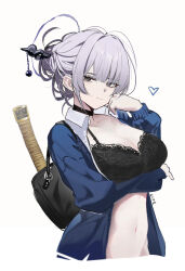  bags_under_eyes black_bra black_choker blue_cardigan bra cardigan choker female grey_eyes grey_halo hair_ornament hair_stick halo heart highres itokonoue_kaoru lingerie natsuko_iman navel project_kv signature simple_background solo sword sword_on_back underwear weapon weapon_behind_back weapon_on_back white_background 