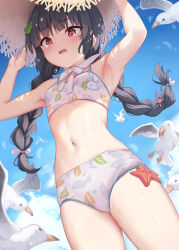  armpits arms_up bare_arms bare_shoulders bikini bird black_hair blue_archive blue_sky blush braid breasts chinese_commentary cloud commentary_request cowboy_shot day female hat highres leaf leaf_on_head leaf_print long_hair milkshakework miyu_(blue_archive) miyu_(swimsuit)_(blue_archive) navel official_alternate_costume open_mouth outdoors print_bikini red_eyes seagull sky small_breasts solo standing stomach straw_hat swimsuit tears thighs twin_braids white_bikini 