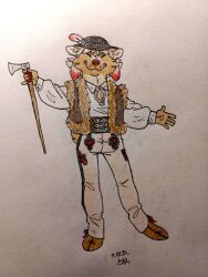  anthro axe bartek22 bolf boots closed_eyes clothing footwear hat hat_feather headgear headwear hi_res holding_axe holding_object holding_weapon hybrid loose_feather male mountaineer nick_(chevyw) shoes smile smiling_at_viewer solo spread_arms traditional_dress weapon wearing_hat 