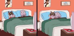  anthro bed bondagefanart detailed_background duo framed_picture furniture hi_res lying lying_on_bed male mammal on_bed pillow procyonid raccoon rascal_(robot_dreams) robot_(robot_dreams) robot_dreams smile 