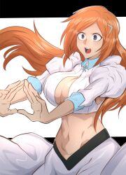  absurdres bleach bleach:_sennen_kessen-hen breasts cleavage cleavage_cutout clothing_cutout collared_shirt commentary cowboy_shot crop_top female fighting_stance floating_hair grey_eyes hair_ornament hairclip highres inoue_orihime juliet_sleeves large_breasts long_hair long_skirt long_sleeves looking_ahead navel open_mouth orange_hair outstretched_arms parted_bangs puffy_sleeves shirt simple_background skirt solo stomach teeth thatamaan tsurime upper_teeth_only white_background white_shirt white_skirt 