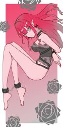  arms_behind_back baobhan_sith_(fate) bare_shoulders barefoot black_shirt bondage bondage border bottomless bound breasts choker cuffs earrings fate/grand_order fate_(series) female full_body grey_eyes highres jewelry knees_up legs long_hair looking_at_viewer pink_background pink_hair pointy_ears red_nails restrained shackles shirt sidelocks sisho-oekaki solo white_border 