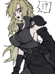  !? :o armor black_gloves blonde_hair blue_eyes breasts cloud_strife commentary_request earrings female final_fantasy final_fantasy_vii final_fantasy_vii_advent_children genderswap_(mtf) gloves high_collar highres jewelry kawa_2929_ff large_breasts long_hair open_collar open_mouth pauldrons popped_collar rule_63 shoulder_armor shoulder_strap sideboob single_earring single_pauldron single_shoulder_pad solo surprised sweat sweatdrop teeth upper_teeth_only waist_cape white_background wide-eyed 