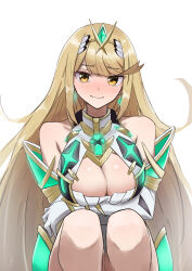  absurdres amausa_subee bare_shoulders blonde_hair blush breasts cleavage cleavage_cutout clothing_cutout dress earrings female highres jewelry large_breasts mythra_(xenoblade) short_dress simple_background solo star_(symbol) star_earrings white_background white_dress xenoblade_chronicles_(series) xenoblade_chronicles_2 yellow_eyes 