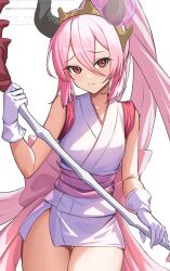  agibe demon_girl demon_horns duel_monster female gloves holding holding_scythe horns japanese_clothes kimono pink_hair ponytail red_blossoms_from_underroot red_eyes request_inset scythe short_kimono solo thighs white_background white_gloves white_kimono yu-gi-oh! 