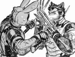  2boys animal_ears beard cat_ears claw_(weapon) closed_mouth commentary deadpool deadpool_&amp;_wolverine deadpool_(series) dishing dual_wielding facial_hair fighting gloves greyscale holding holding_sword holding_weapon impaled katana male_focus marvel mask mature_male monochrome multiple_boys rabbit_ears stab superhero_costume sweatdrop sword symbol-only_commentary two-tone_bodysuit weapon wolverine_(x-men) x-men 