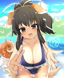  animal_ears asuka_(senran_kagura) black_hair blue_one-piece_swimsuit blue_sky blush breasts brown_eyes cleavage cloud commentary_request dog_ears dog_girl dog_tail female full_body heart high_ponytail highres large_breasts lets0020 long_hair looking_at_viewer medium_bangs one-piece_swimsuit open_mouth school_swimsuit senran_kagura sidelocks sitting sky smile solo sparkle swimsuit tail wariza water 