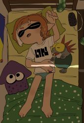  absurdres bed blunt_bangs closed_eyes domino_mask fangs female highres ikuta_semi inkling_girl inkling_player_character mask panties pointy_ears short_hair sleeping splatoon_(series) sumomo_(ikuta_semi) tentacle_hair underwear 