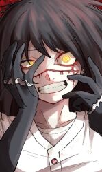  black_gloves black_hair blood blood_on_face chainsaw_man commentary crazy_eyes crazy_grin crazy_smile cross_scar elbow_gloves english_commentary female gloves glowing glowing_eyes grin highres portrait rinneko_art scar scar_on_cheek scar_on_face scar_on_nose smile solo yellow_eyes yoru_(chainsaw_man) 