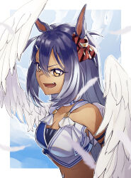  bare_shoulders blue_hair breasts choker cleavage cloud crop_top dark-skinned_female dark_skin ear_ornament feathered_wings feathers female hair_between_eyes hishi_amazon_(umamusume) long_hair looking_at_viewer ochabashira oerba_yun_fang open_mouth shirt sleeveless sleeveless_shirt small_breasts smile solo umamusume upper_body v-shaped_eyebrows wings yellow_eyes 