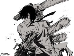  2boys blood chainsaw chainsaw_man denji_(chainsaw_man) greyscale gun gun_fiend_(chainsaw_man) hayakawa_aki impaled jacket male_focus monochrome multiple_boys sharp_teeth suit teeth weapon ycxycf_(night-light) 