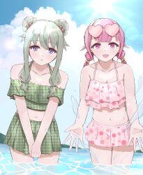  2girls alternate_hairstyle bare_shoulders breasts cleavage cloud green_hair highres kusanagi_nene leaning_forward looking_at_viewer low-tied_sidelocks low_twintails medium_breasts multiple_girls navel off_shoulder ootori_emu open_mouth pink_eyes pink_hair project_sekai purple_eyes sky sleeveless sun swimsuit twintails user_tpyr8723 