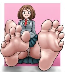  1girls ass blush blush_stickers boku_no_hero_academia brown_eyes brown_hair collared_shirt eyebrows eyelashes feet feet_focus feet_up female female_focus female_only foot_fetish foot_focus girl green_skirt hi_res high_resolution highres jacket light-skinned_female light_skin medium_hair my_hero_academia necktie ochako_uraraka open_mouth panties presenting_feet red_necktie red_neckwear red_tie school_uniform shirt simple_background skirt sole_female soles solo solo_female solo_focus teeth tie toes toes_spread u.a._school_uniform underwear upper_teeth upper_teeth_only upskirt uraraka_ochako white_panties white_shirt yamamoto 