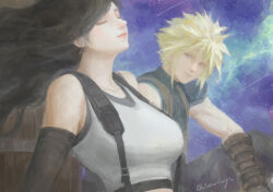  1boy armor bare_shoulders black_gloves black_hair black_sports_bra blonde_hair blue_eyes breasts closed_eyes closed_mouth cloud_strife couple crop_top earrings elbow_gloves english_commentary female final_fantasy final_fantasy_vii final_fantasy_vii_ever_crisis final_fantasy_vii_remake floating_hair gloves highres jewelry knee_up large_breasts lips long_hair looking_at_another night night_sky outdoors pink_lips shooting_star short_hair shoulder_armor single_bare_shoulder sitting sky sleeveless sleeveless_turtleneck smile spiked_hair sports_bra star_(sky) starry_sky suspenders sweater tank_top tifa_lockhart turtleneck turtleneck_sweater twitter_username upper_body water_tank white_tank_top zoewingsz 