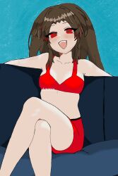  alice_leah_(amatsu_(thamatsux0)) amatsu_(thamatsux0) arms_behind_back artist_name bikini blush brown_eyes brown_hair commentary english_commentary female freckles heart highres long_hair looking_at_viewer medium_hair non-web_source nose_blush open_mouth original red_bikini red_eyes self-upload sitting smile solo sports_bra swimsuit teeth tiktok_username upper_teeth_only watermark 