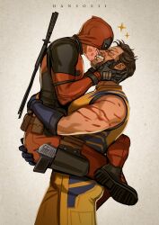  2boys artist_name beard belt blood blood_on_face bodysuit brown_hair carrying carrying_person clenched_teeth deadpool deadpool_&amp;_wolverine deadpool_(series) english_commentary facial_hair frown gloves gun hand_on_another&#039;s_ass hands_on_another&#039;s_face hansoeii highres hug imminent_kiss katana leg_lock looking_at_another male_focus marvel marvel_cinematic_universe mask mask_lift mature_male multiple_boys muscular muscular_male red_bodysuit red_mask scar short_hair smile sparkle superhero_costume sword sword_on_back teeth two-tone_bodysuit weapon weapon_on_back wolverine_(x-men) x-men yaoi yellow_bodysuit 