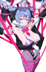  absurdres animal_ears arms_up bare_shoulders black_leotard blue_eyes blue_hair bound bow bowtie breasts detached_collar detached_sleeves fake_animal_ears fake_tail female grabbing_another&#039;s_ear grabbing_another&#039;s_hair hair_ornament hairband hand_on_another&#039;s_arm hand_on_another&#039;s_ear hand_on_another&#039;s_face hatsune_miku heart highres hug hug_from_behind large_breasts leotard long_hair looking_at_viewer multiple_others necktie open_mouth pantyhose pink_pupils playboy_bunny rabbit_ears rabbit_hole_(vocaloid) rabbit_tail ribbon ribbon_bondage simple_background sleeveless smile solo_focus tail teardrop_facial_mark twintails vocaloid wonbin_lee x_hair_ornament 