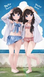  2girls absurdres bikini bikini_skirt blue_bikini blue_eyes bow brown_hair comodomodo earrings faeryn_(comodomodo) frilled_bikini frills hat highres jewelry long_hair multiple_girls navel necklace ocean open_clothes open_shirt original pink_bikini red_bikini ribbon sheryn_(comodomodo) shirt short_hair siblings star_(symbol) star_necklace swimsuit twins white_bikini white_shirt 