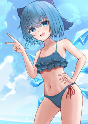  absurdres baruka=gacha bikini blue_bow blue_eyes blue_hair blue_sky blush bow cirno detached_wings eyelashes female frilled_bikini frills hair_between_eyes hairbow hand_on_own_hip hand_up highres ice ice_wings looking_at_viewer navel open_mouth ribbon short_hair sky smile solo sweat swimsuit thighs touhou upper_body v wings 