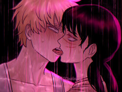  1boy black_hair blonde_hair chainsaw_man chainsaw_man&#039;s_handjob_scene collarbone commentary czy_(2894456992) denji_(chainsaw_man) female french_kiss grey_eyes kissing low_twintails orange_eyes rain straight tank_top tongue tongue_out twintails twitter_username watermark wet white_tank_top yoru_(chainsaw_man) 