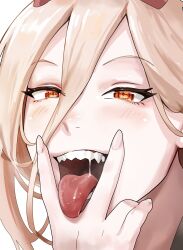  absurdres blonde_hair chainsaw_man cross-shaped_pupils demon_girl demon_horns female hair_between_eyes highres horns looking_at_viewer nisakusa open_mouth orange_eyes power_(chainsaw_man) red_horns saliva sharp_teeth solo symbol-shaped_pupils teeth tongue tongue_out v_over_mouth 