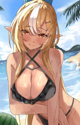  absurdres alternate_costume arm_across_waist bare_shoulders beach bikini black_bikini blonde_hair blue_sky blush breasts brown_eyes cleavage dark-skinned_female dark_elf dark_skin dripping elf ewn female food fruit high_ponytail highres hololive large_breasts long_hair looking_at_viewer multicolored_hair ocean outdoors palm_tree pointy_ears shiranui_flare sky solo summer swimsuit tree two-tone_hair upper_body virtual_youtuber watermelon wet wet_clothes wet_hair white_hair 