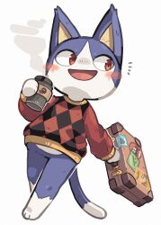  aaarkgkaaa animal_crossing anthro beverage blue_body blue_fur blush bottomless clothed clothing coffee domestic_cat felid feline felis fur hi_res male mammal nintendo red_eyes rover_(animal_crossing) solo suitcase 