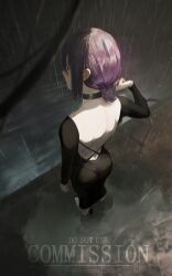  absurdres ass black_choker black_dress chainsaw_man choker commission dress female from_above full_body green_eyes hair_bun highres kikiis_art night outdoors panties_visible_through_clothes purple_hair rain reze_(chainsaw_man) single_hair_bun solo standing 