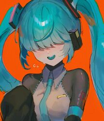  aqua_hair aqua_necktie arm_belt black_sleeves blush collared_shirt colored_tongue commentary_request covered_eyes female green_tongue grey_shirt hair_ornament hair_over_eyes hatsune_miku headphones headset highres long_hair long_sleeves mekakure_miku_(homma_nuruneko) necktie number_tattoo open_mouth orange_background portrait sharp_teeth shiny_clothes shirt simple_background sleeveless smile solo sweat tattoo teeth twintails usari_05011 very_long_hair vocaloid 