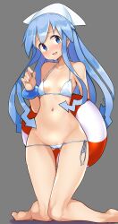  absurdres ass_visible_through_thighs barefoot bikini blue_eyes blue_hair blush bracelet breasts buta-don cleft_of_venus commentary female grey_background hat highres holding holding_behind_back holding_swim_ring ikamusume jewelry kneeling knees_together_feet_apart long_hair looking_at_viewer lowleg lowleg_bikini micro_bikini navel open_mouth shinryaku!_ikamusume side-tie_bikini_bottom simple_background small_breasts smile solo swim_ring swimsuit tentacle_hair thigh_gap white_bikini white_hat 