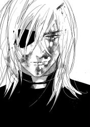  1boy black_shirt blood blood_on_face closed_mouth collared_shirt dimitri_alexandre_blaiddyd eyepatch fire_emblem fire_emblem:_three_houses greyscale hair_between_eyes highres long_hair looking_down male_focus monochrome one_eye_covered shirt simple_background solo upper_body vgmondo white_background 