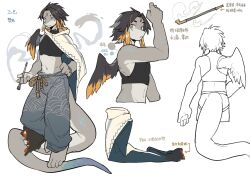  1_wing 5_fingers anthro biped chinese_text clothed clothing countershade_face countershade_tail countershade_torso countershading fingers hair hi_res kemono male midriff milkytiger1145 reptile scalie smoking_pipe snake solo tail text 