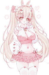  animal_ear_fluff animal_ears bare_shoulders bell blush breasts brown_hair cleavage copyright_request female grey_eyes hair_intakes hair_ornament hairclip hand_up heart heart_hair_ornament highres jacket long_hair long_sleeves looking_at_viewer medium_breasts navel off_shoulder open_clothes open_jacket open_mouth rabbit_ears simple_background sleeves_past_wrists solo star_(symbol) star_hair_ornament tandohark thighhighs twintails very_long_hair white_background white_jacket white_thighhighs 