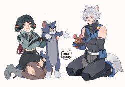  1boy animal animal_ears aqua_eyes bare_shoulders black_gloves black_hair black_shirt cat_ears feline female gloves grey_hair grey_jacket grey_pantyhose grin highres holding holding_animal holding_cat jacket jane_doe_(zenless_zone_zero) jerry_(tom_and_jerry) kamii_momoru long_hair long_sleeves looking_at_viewer pantyhose purple_eyes seth_lowell shirt single_leg_pantyhose sleeveless sleeveless_shirt smile tom_(tom_and_jerry) tom_and_jerry torn_clothes torn_pantyhose zenless_zone_zero 